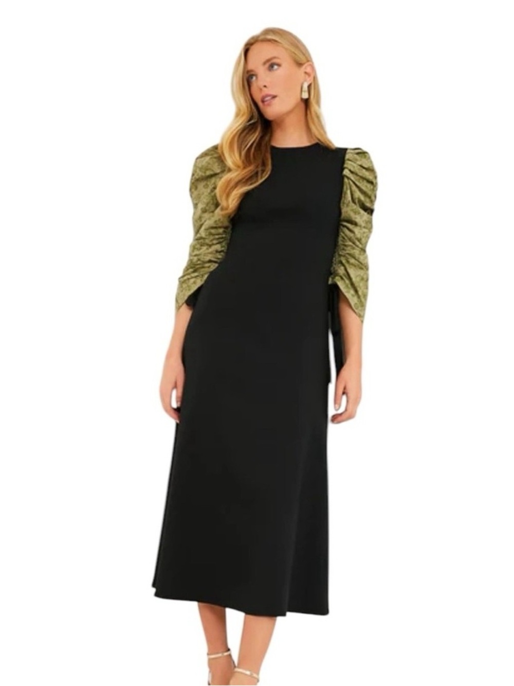 Black Maxi Dress with Olive Puff Sleeves